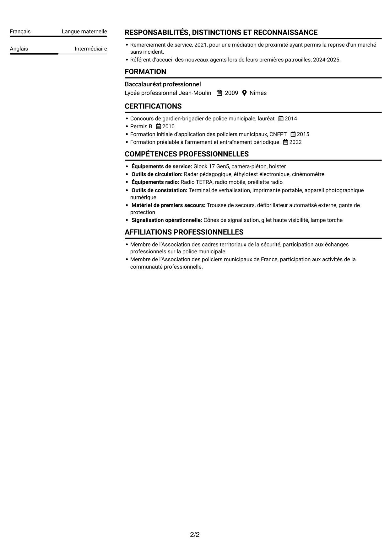 CV Compact (format sobre à deux colonnes avec photo) : Policier municipal - Police de proximité, page 2