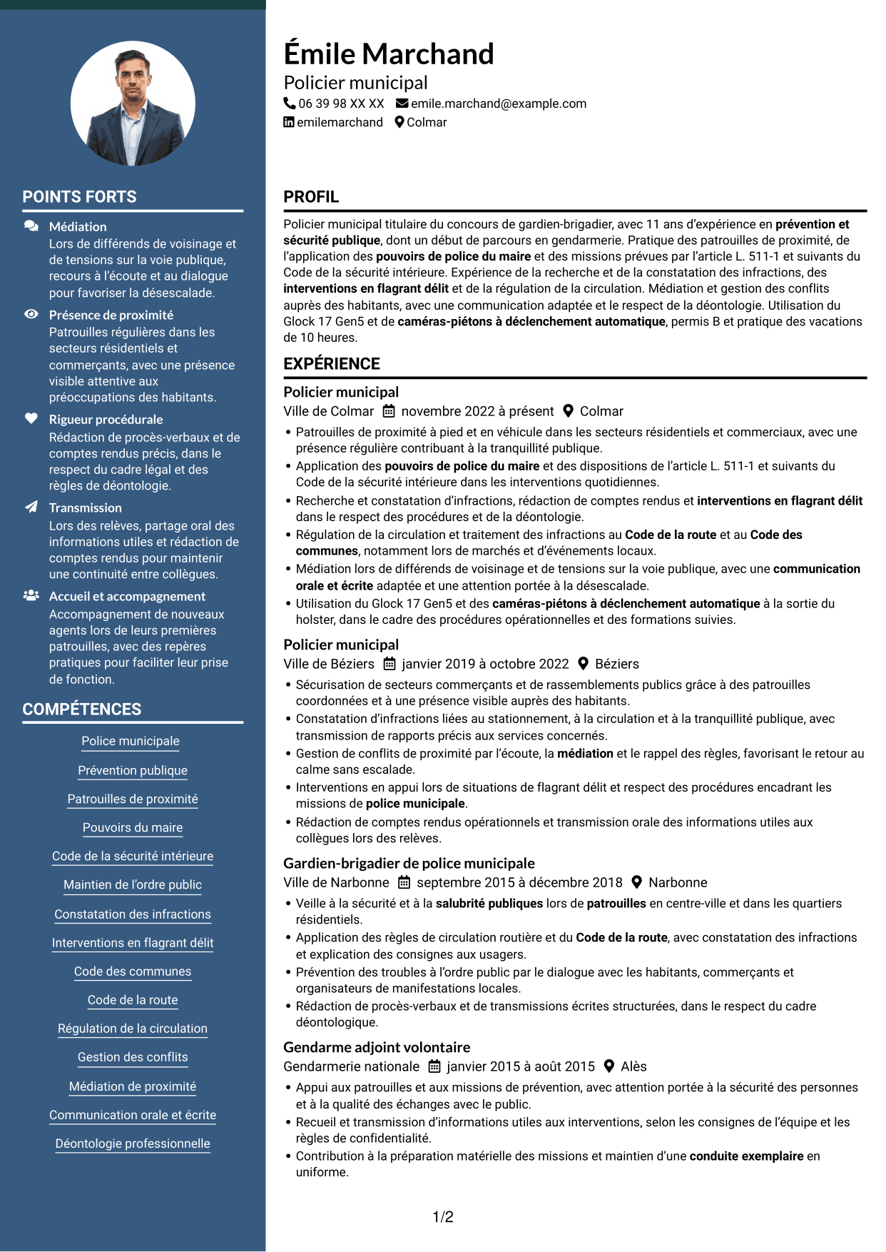 CV Élégant (format à colonne latérale colorée avec photo) : Policier municipal - Police de proximité, page 1