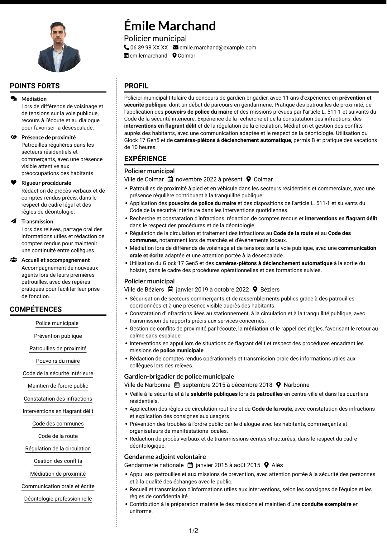 CV Moderne (format à deux colonnes avec photo à gauche et séparateur) : Policier municipal - Police de proximité, page 1