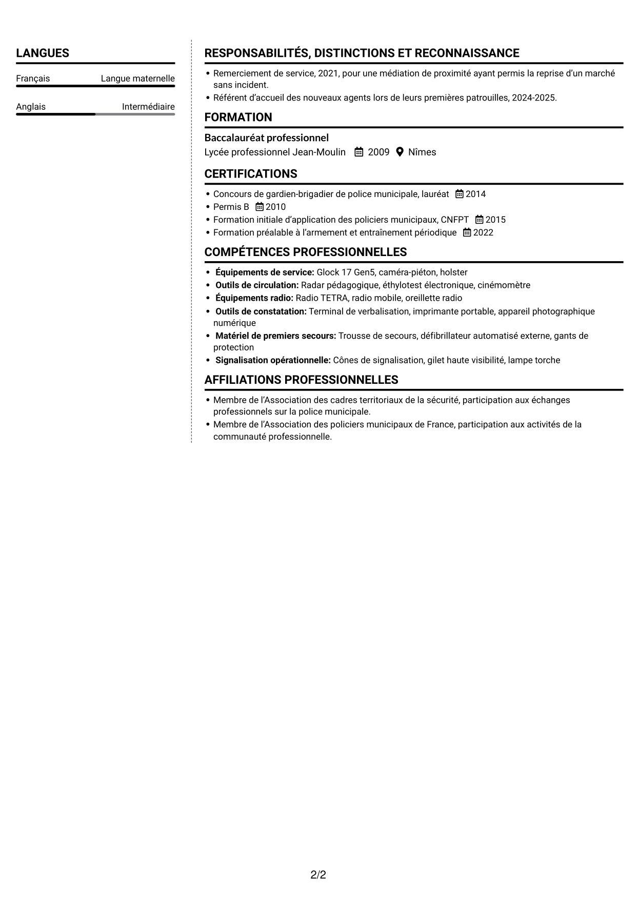 CV Moderne (format à deux colonnes avec photo à gauche et séparateur) : Policier municipal - Police de proximité, page 2