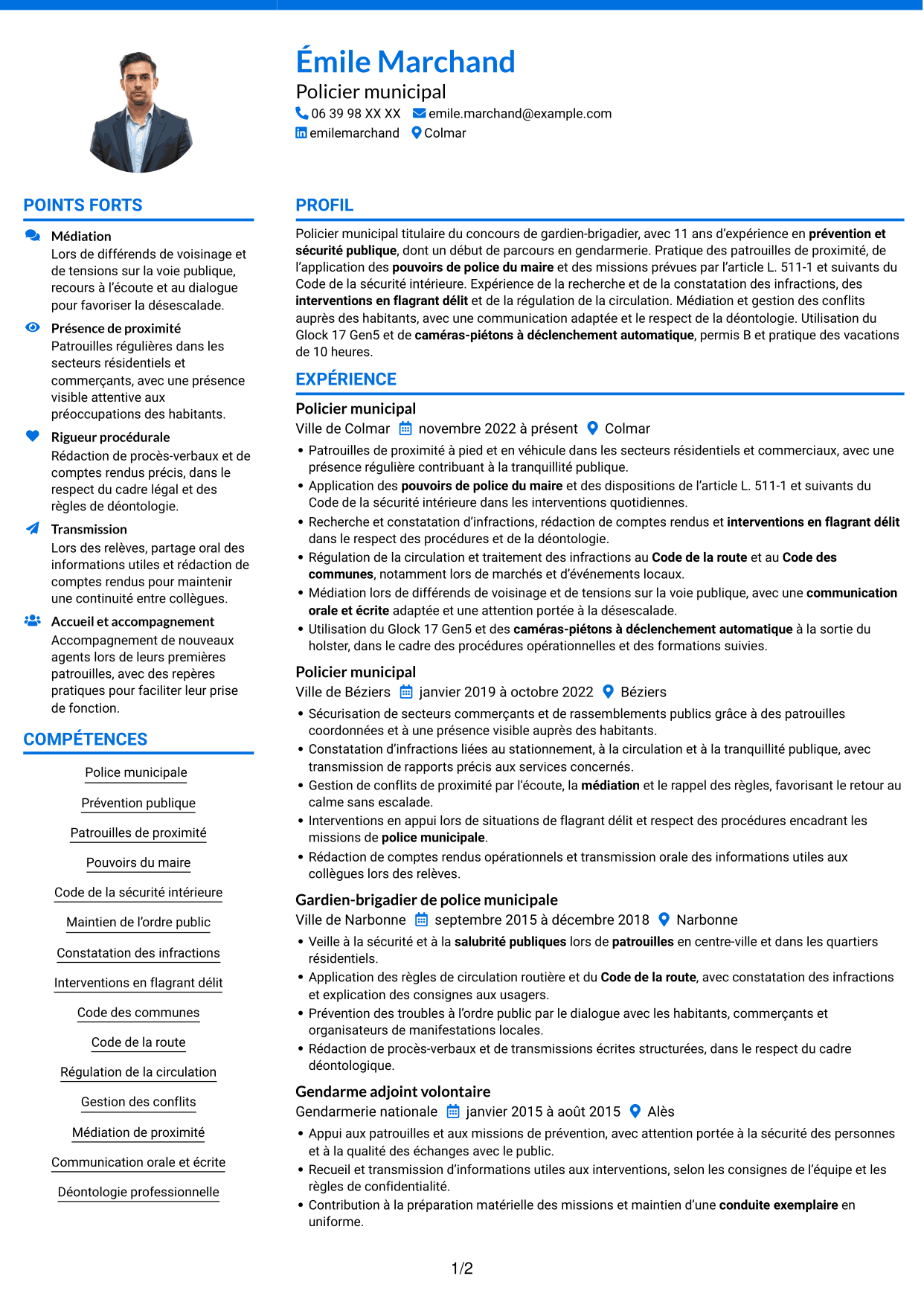 CV Audacieux (format à deux colonnes avec accents colorés et photo) : Policier municipal - Police de proximité, page 1