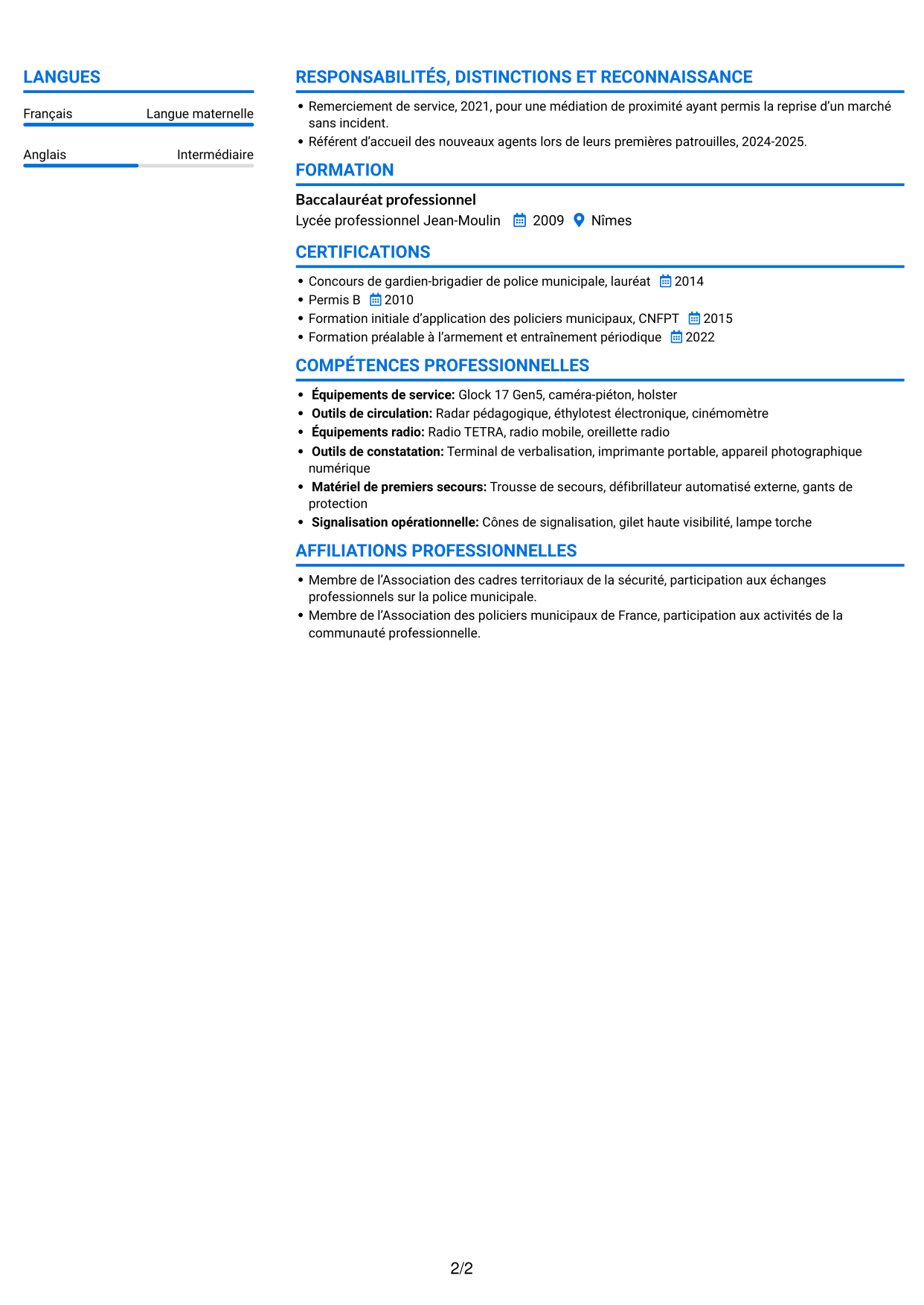 CV Audacieux (format à deux colonnes avec accents colorés et photo) : Policier municipal - Police de proximité, page 2