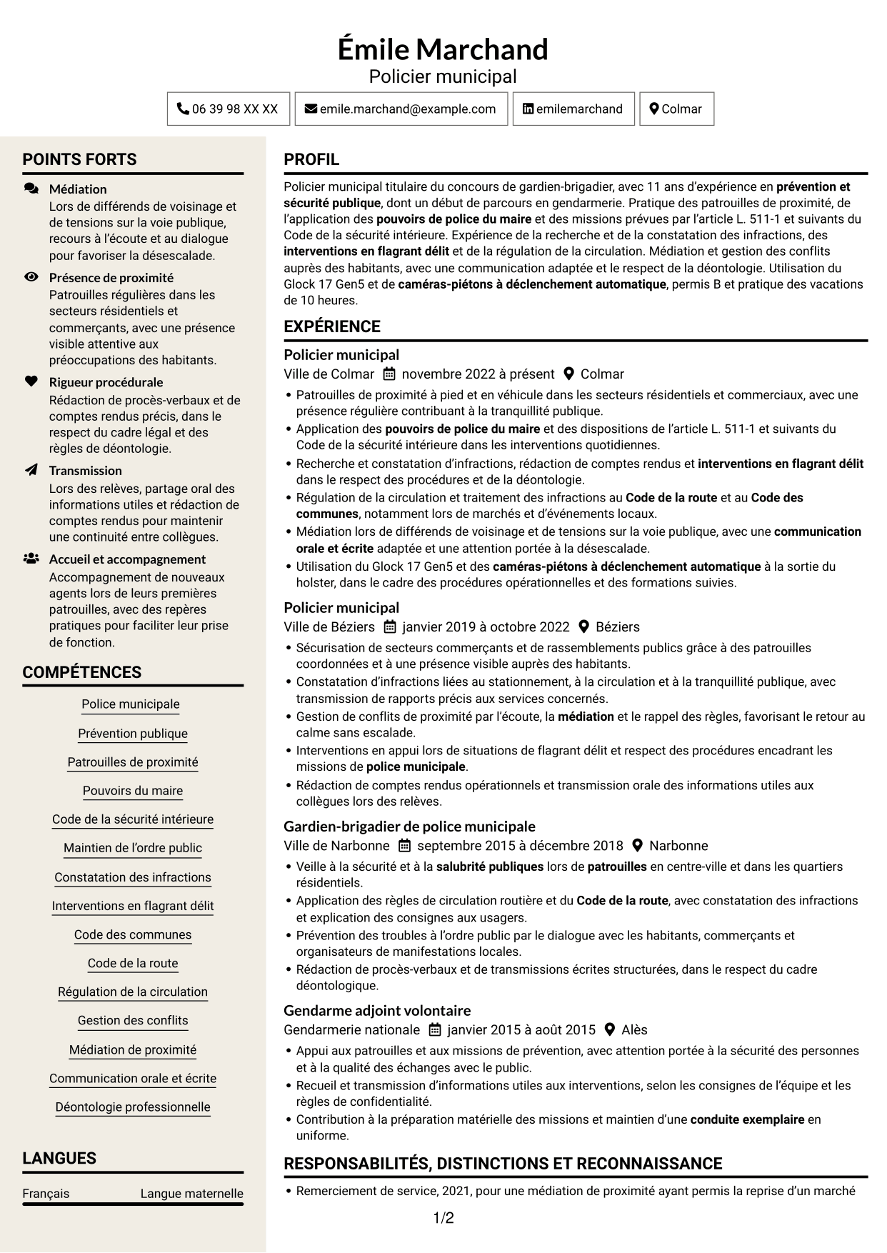 CV Fonceur (format à deux colonnes avec en-tête centré sans photo) : Policier municipal - Police de proximité, page 1