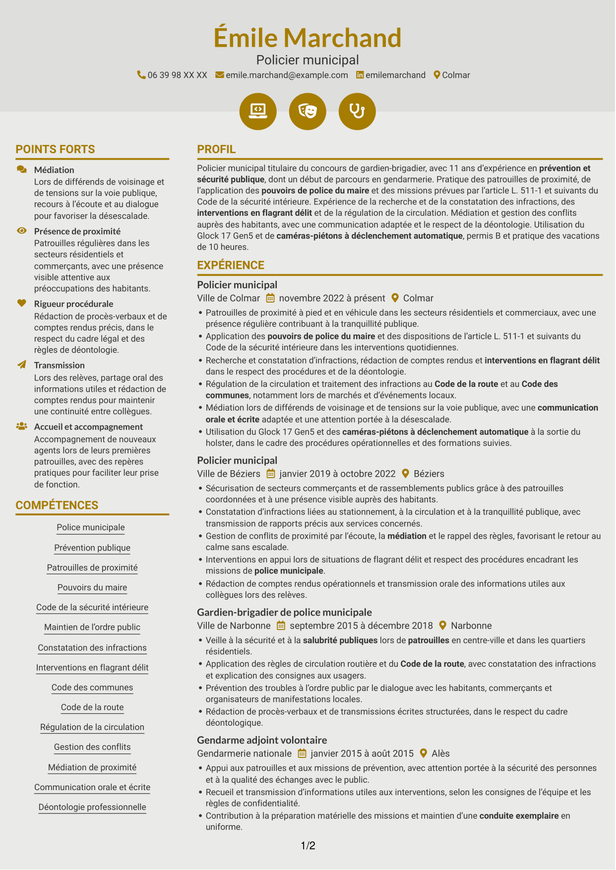 CV Dynamique (format à deux colonnes avec icônes) : Policier municipal - Police de proximité, page 1