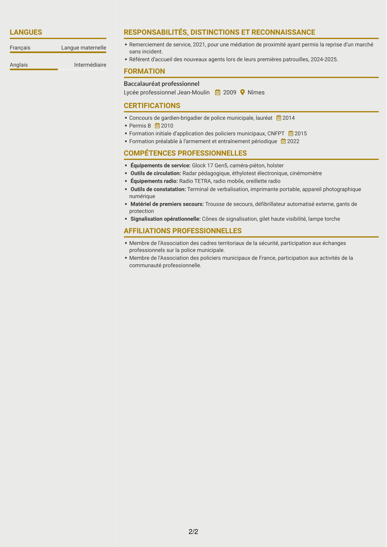 CV Dynamique (format à deux colonnes avec icônes) : Policier municipal - Police de proximité, page 2