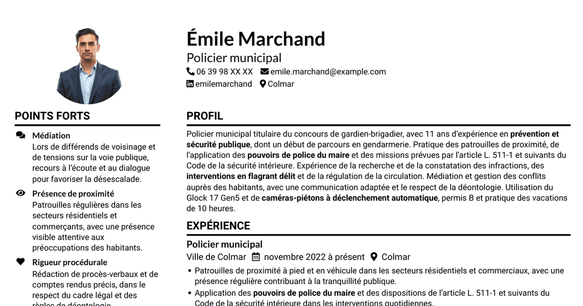7 modèles de CV pour Policier municipal - Police de proximité, avec exemples