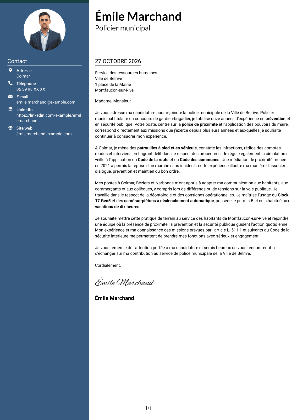 Lettre de motivation Élégant (format à colonne latérale colorée avec photo) : Policier municipal - Police de proximité, page 1