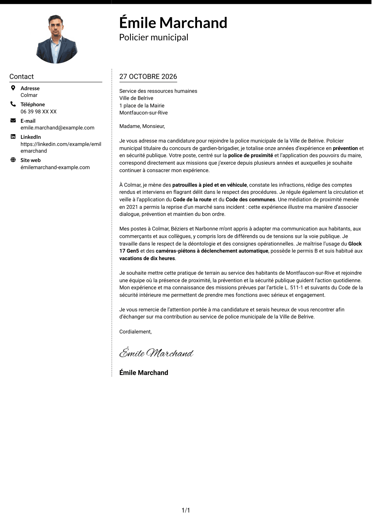 Lettre de motivation Moderne (format à deux colonnes avec photo à gauche et séparateur) : Policier municipal - Police de proximité, page 1
