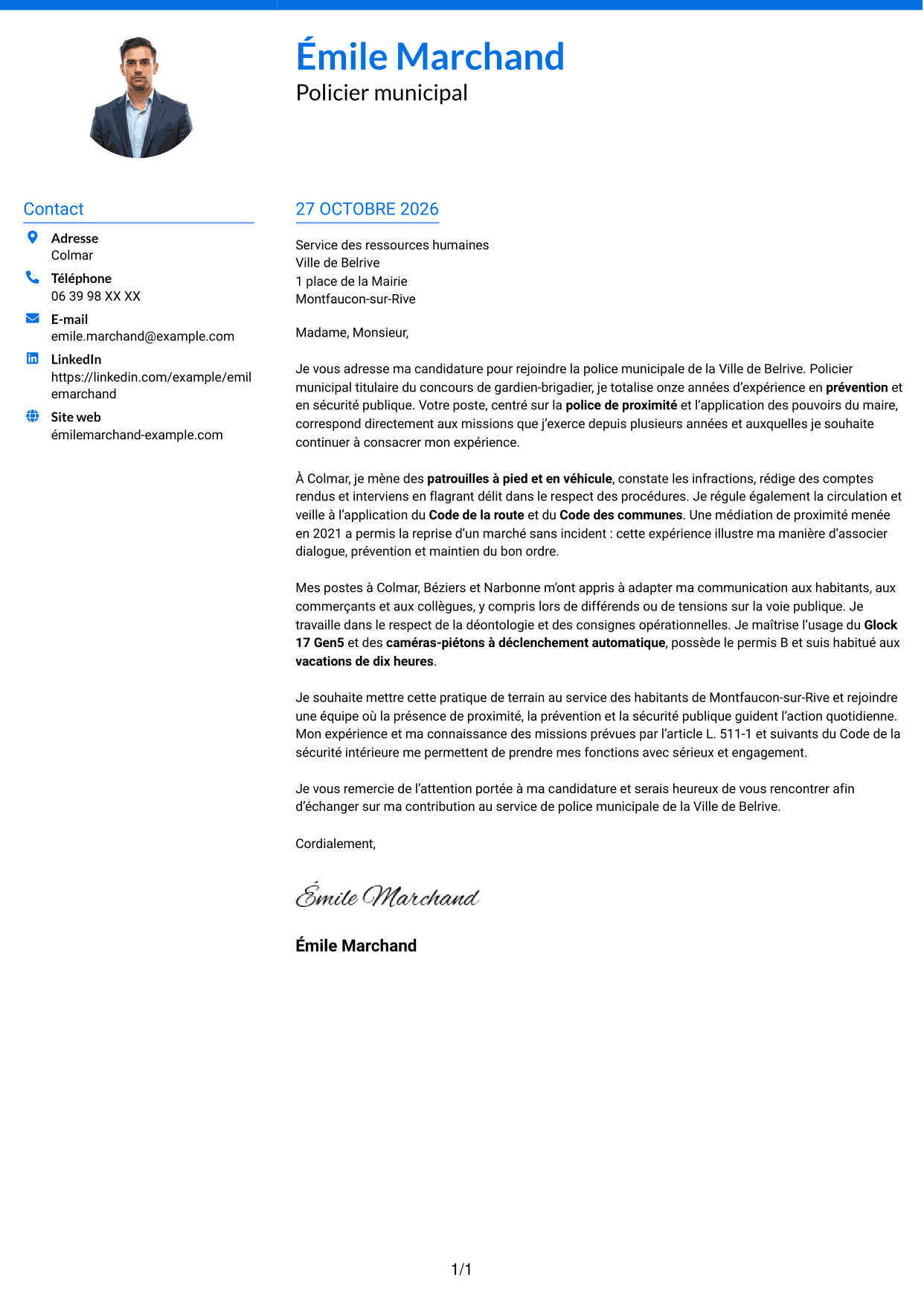 Lettre de motivation Audacieux (format à deux colonnes avec accents colorés et photo) : Policier municipal - Police de proximité, page 1