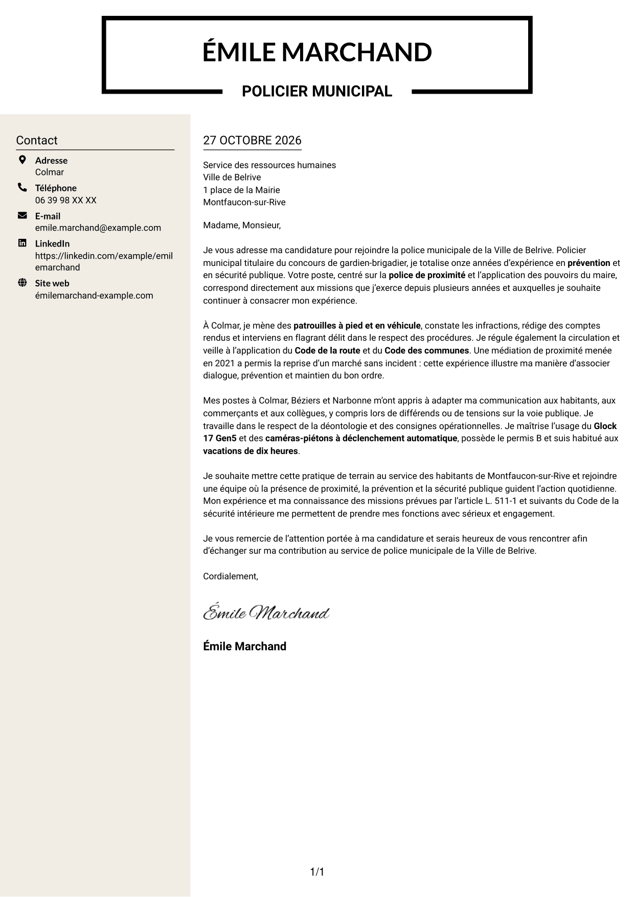 Lettre de motivation Fonceur (format à deux colonnes avec en-tête centré sans photo) : Policier municipal - Police de proximité, page 1