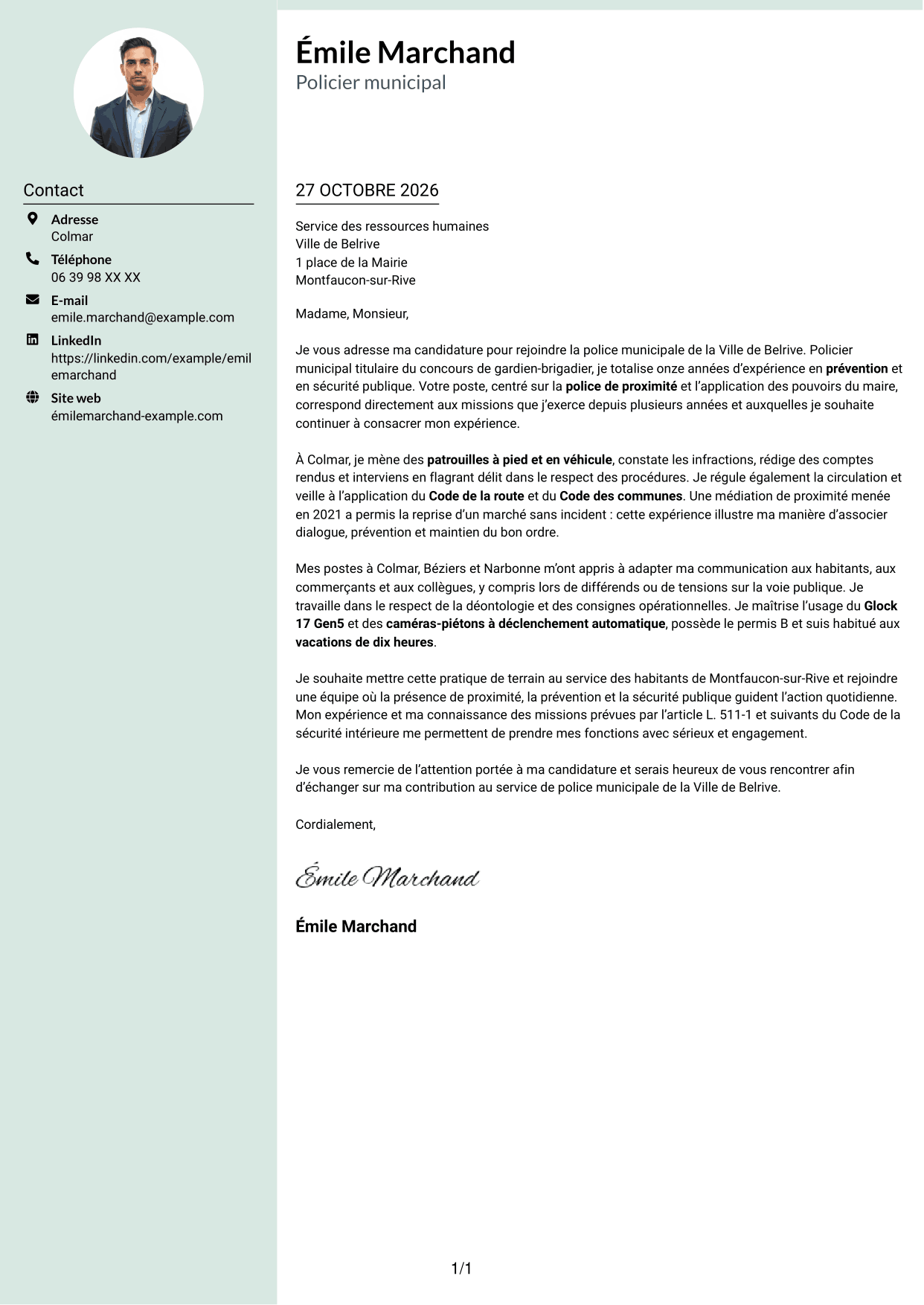 Lettre de motivation Cadre (format à colonne latérale douce avec photo arrondie) : Policier municipal - Police de proximité, page 1