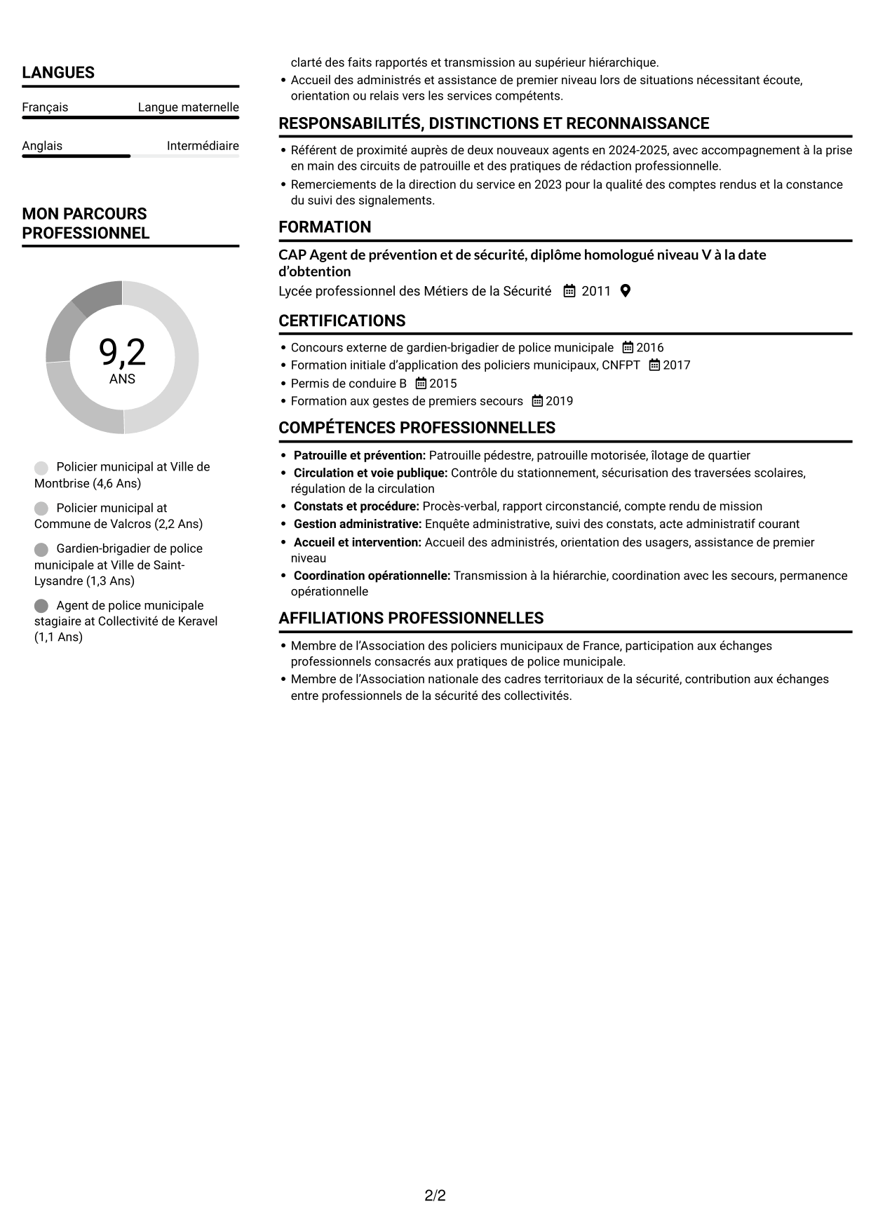 CV Compact (format sobre à deux colonnes avec photo) : Policier municipal - Prévention et sécurité publique, page 2