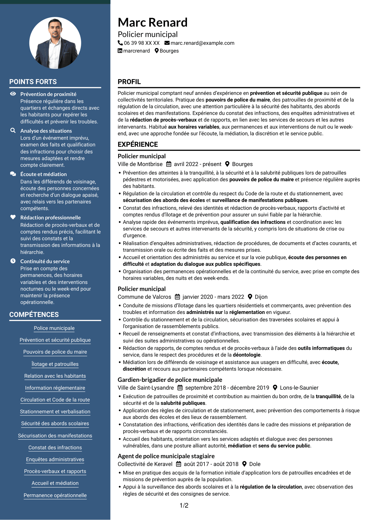 CV Élégant (format à colonne latérale colorée avec photo) : Policier municipal - Prévention et sécurité publique, page 1