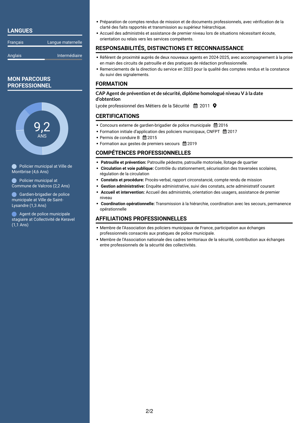 CV Élégant (format à colonne latérale colorée avec photo) : Policier municipal - Prévention et sécurité publique, page 2