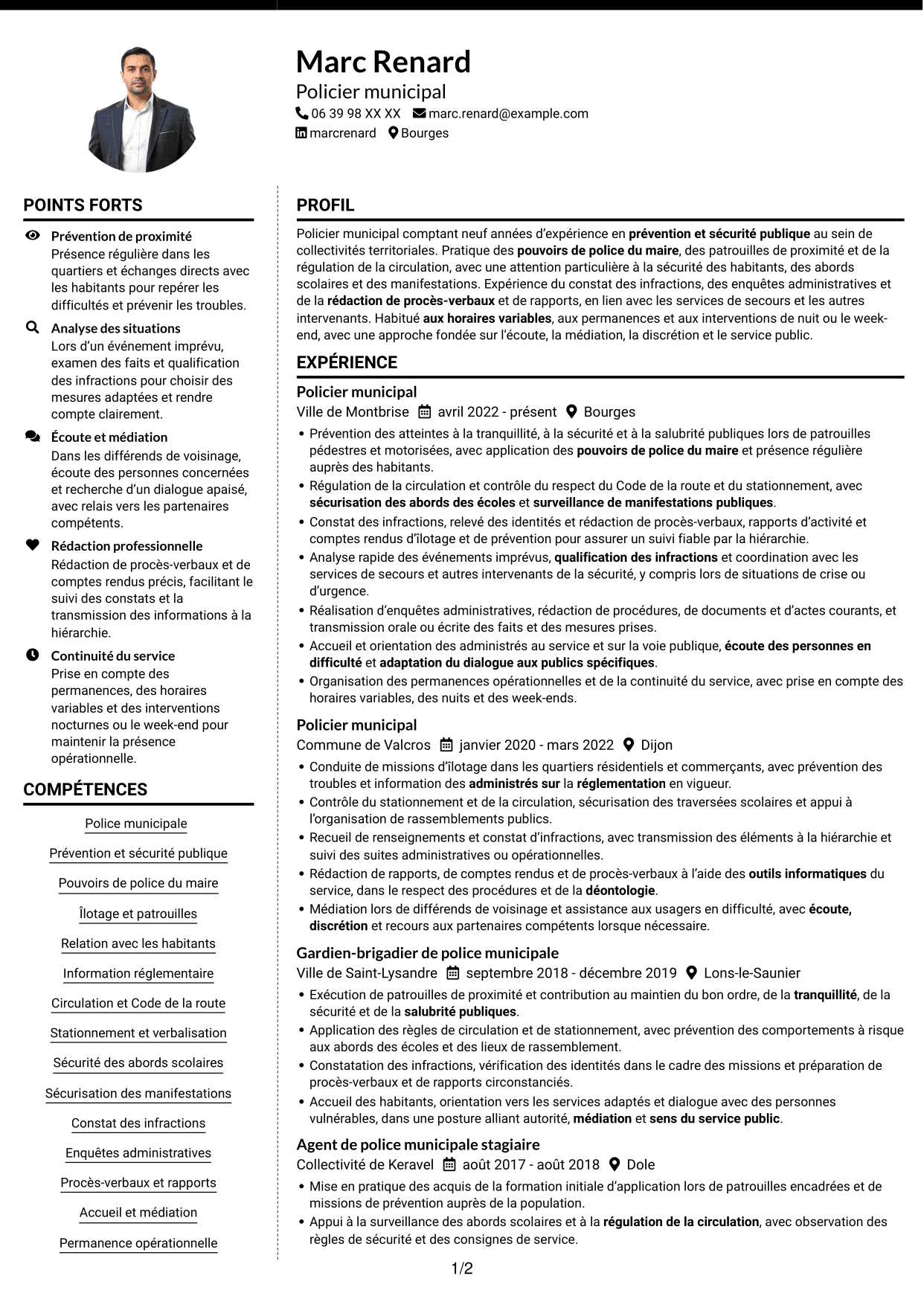 CV Moderne (format à deux colonnes avec photo à gauche et séparateur) : Policier municipal - Prévention et sécurité publique, page 1