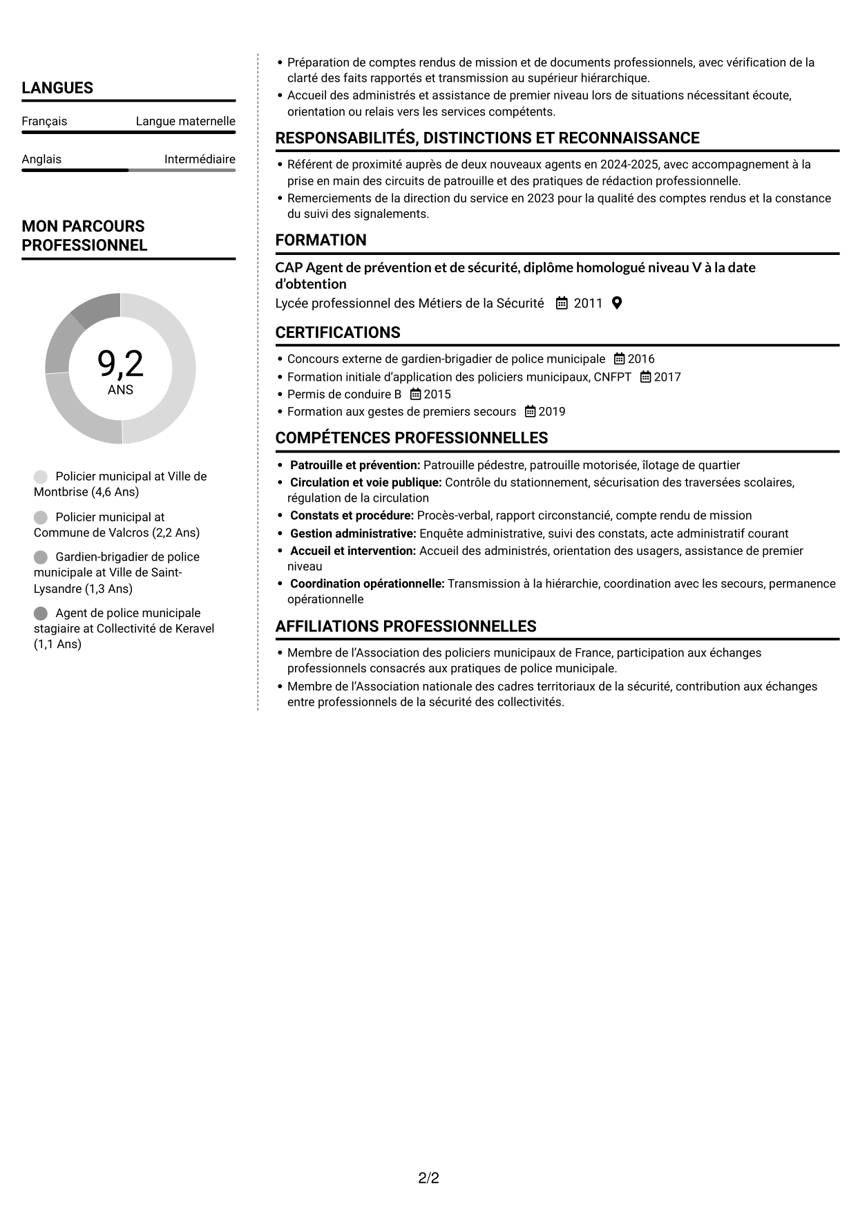 CV Moderne (format à deux colonnes avec photo à gauche et séparateur) : Policier municipal - Prévention et sécurité publique, page 2