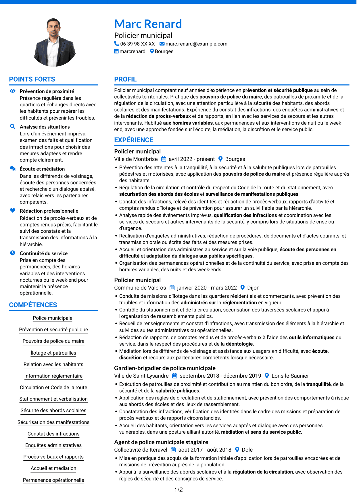CV Audacieux (format à deux colonnes avec accents colorés et photo) : Policier municipal - Prévention et sécurité publique, page 1