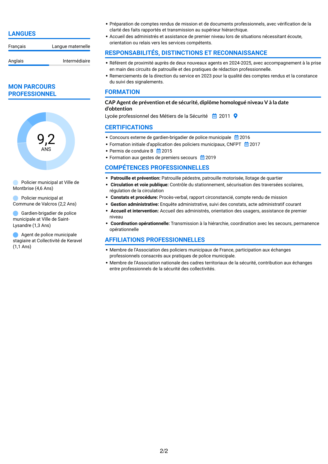 CV Audacieux (format à deux colonnes avec accents colorés et photo) : Policier municipal - Prévention et sécurité publique, page 2