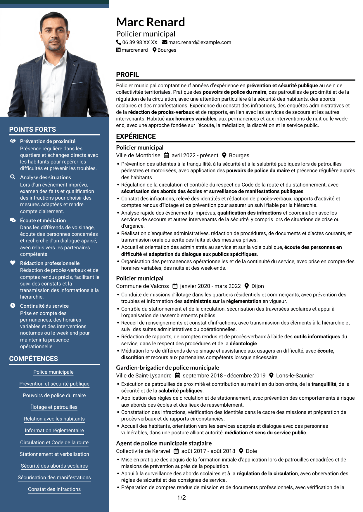 CV Signature (format à colonne latérale colorée avec grande photo) : Policier municipal - Prévention et sécurité publique, page 1