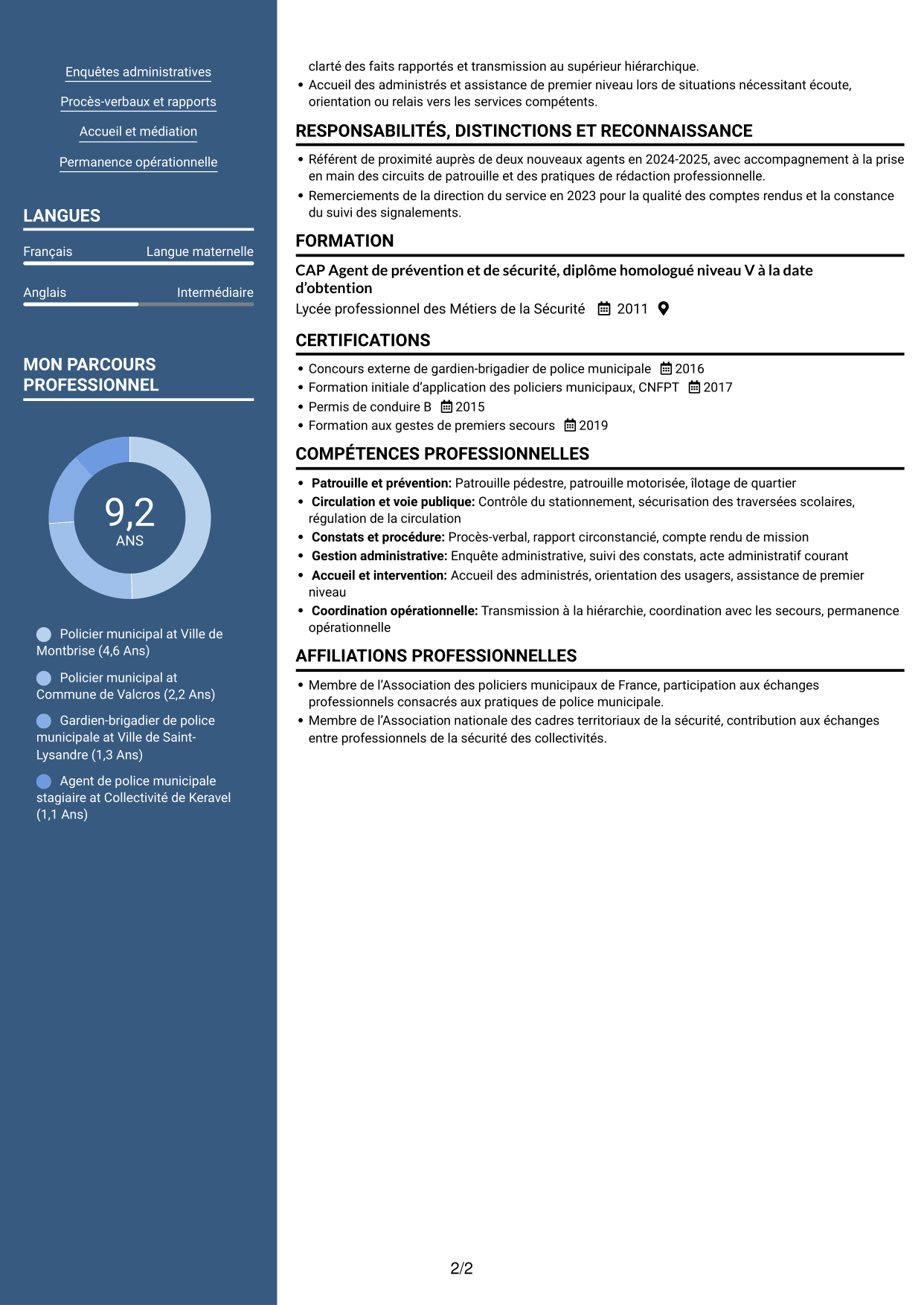 CV Signature (format à colonne latérale colorée avec grande photo) : Policier municipal - Prévention et sécurité publique, page 2