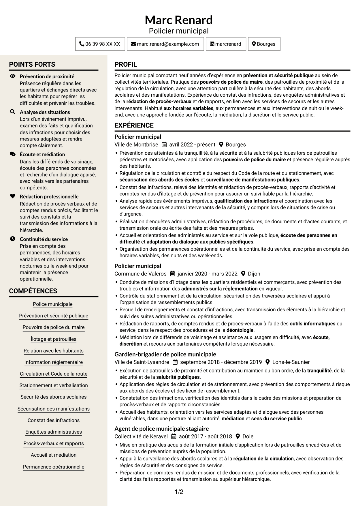 CV Fonceur (format à deux colonnes avec en-tête centré sans photo) : Policier municipal - Prévention et sécurité publique, page 1