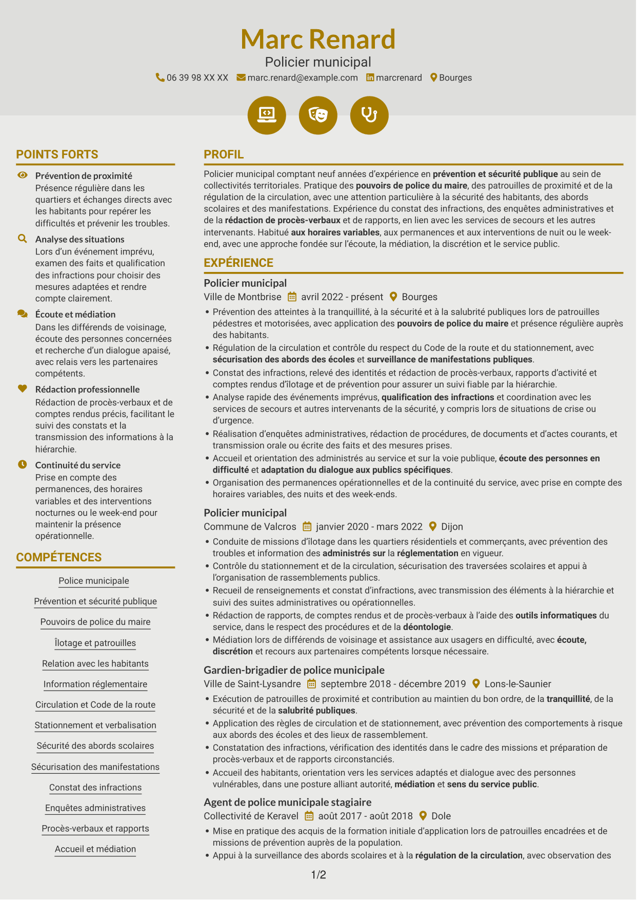 CV Dynamique (format à deux colonnes avec icônes) : Policier municipal - Prévention et sécurité publique, page 1