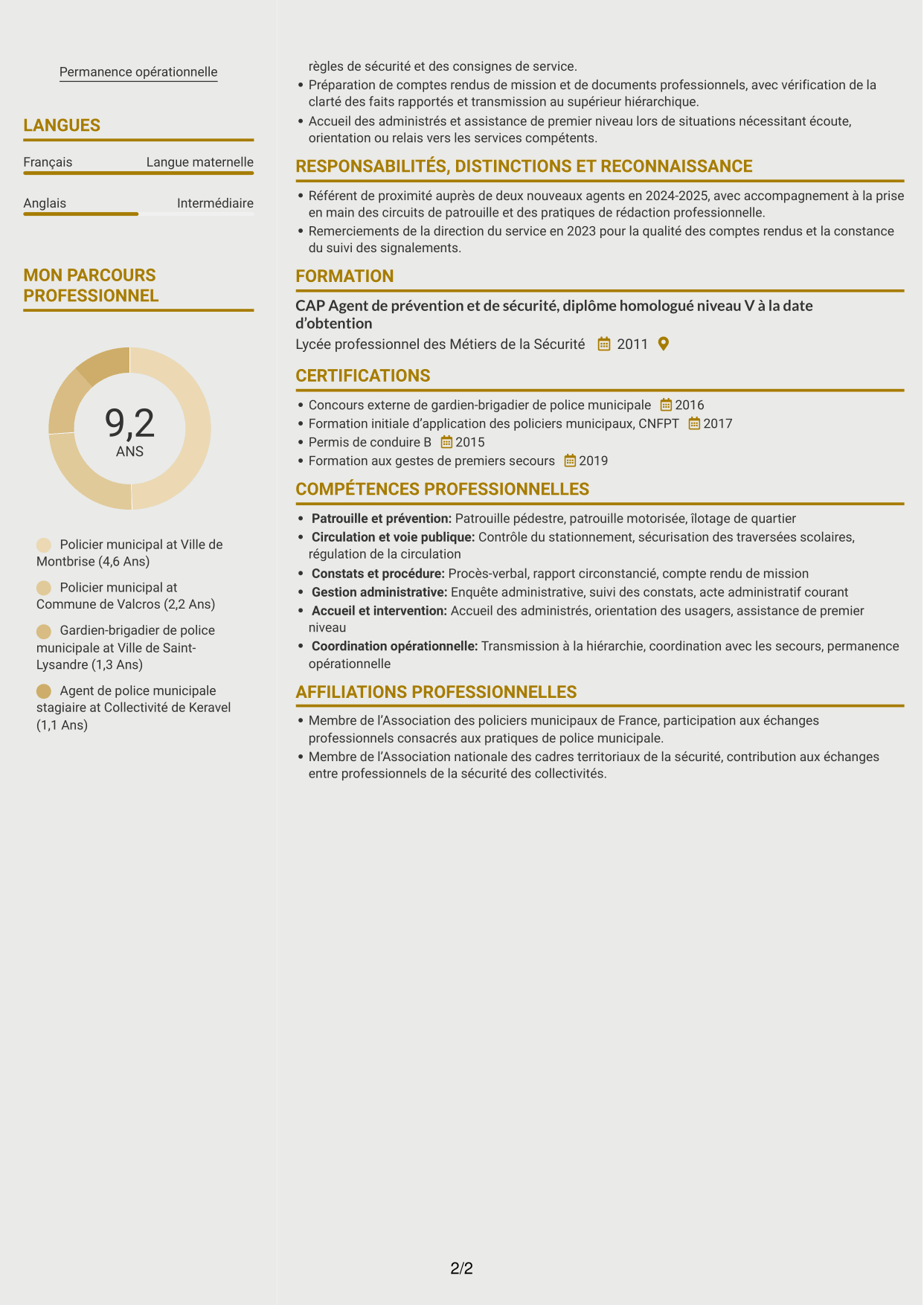 CV Dynamique (format à deux colonnes avec icônes) : Policier municipal - Prévention et sécurité publique, page 2