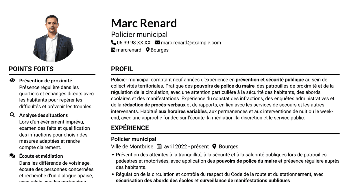 7 modèles de CV pour Policier municipal - Prévention et sécurité publique, avec exemples
