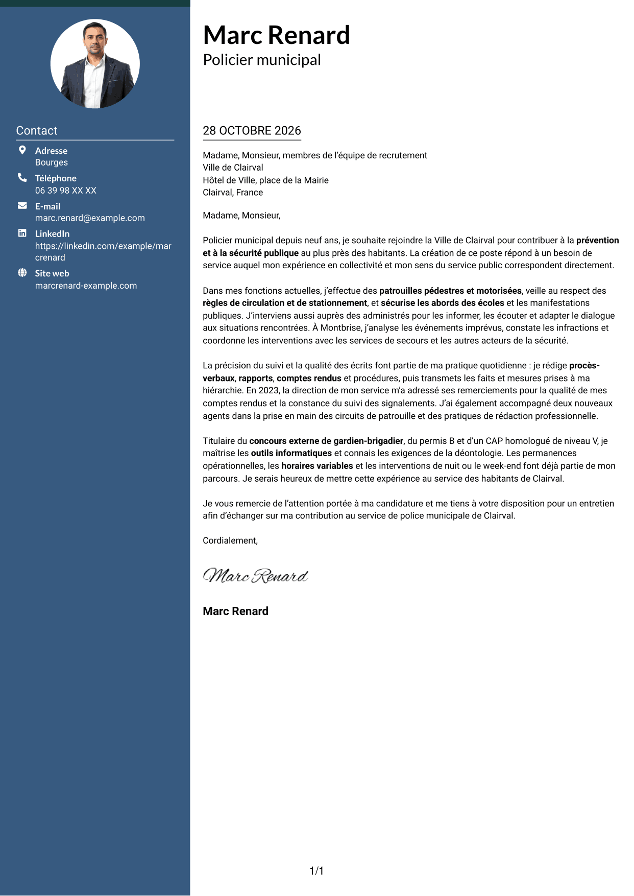 Lettre de motivation Élégant (format à colonne latérale colorée avec photo) : Policier municipal - Prévention et sécurité publique, page 1