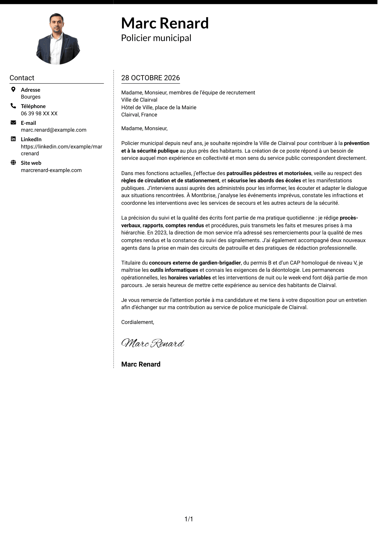 Lettre de motivation Moderne (format à deux colonnes avec photo à gauche et séparateur) : Policier municipal - Prévention et sécurité publique, page 1