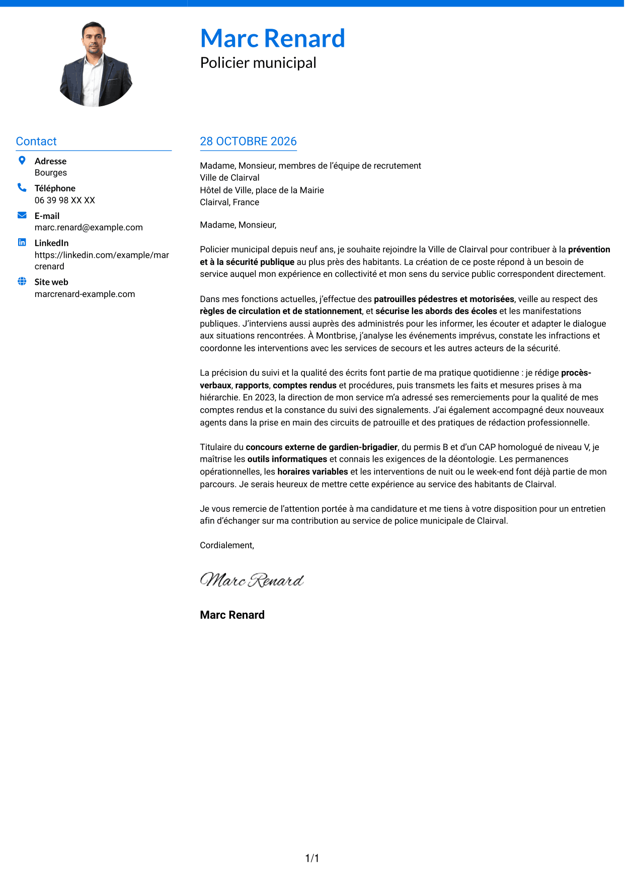 Lettre de motivation Audacieux (format à deux colonnes avec accents colorés et photo) : Policier municipal - Prévention et sécurité publique, page 1