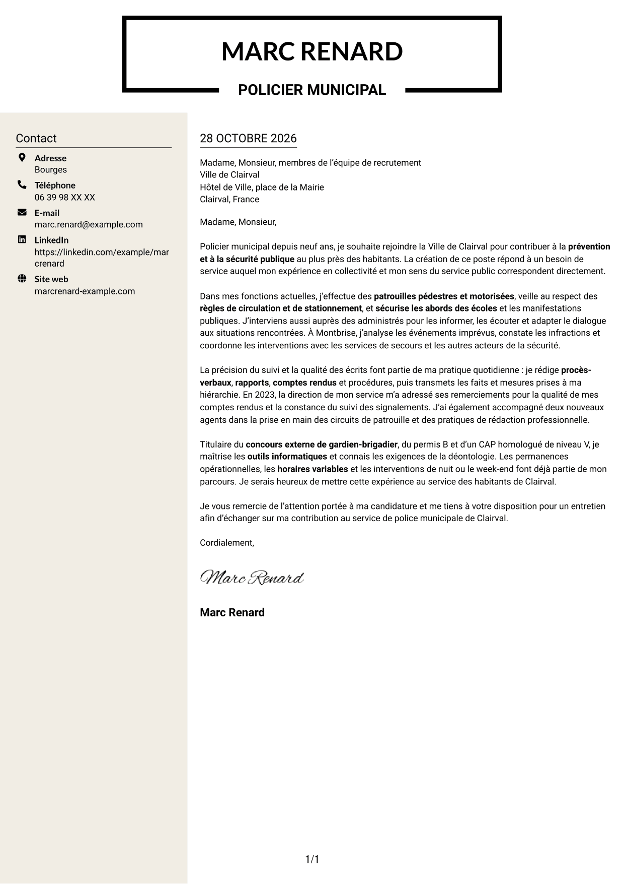 Lettre de motivation Fonceur (format à deux colonnes avec en-tête centré sans photo) : Policier municipal - Prévention et sécurité publique, page 1