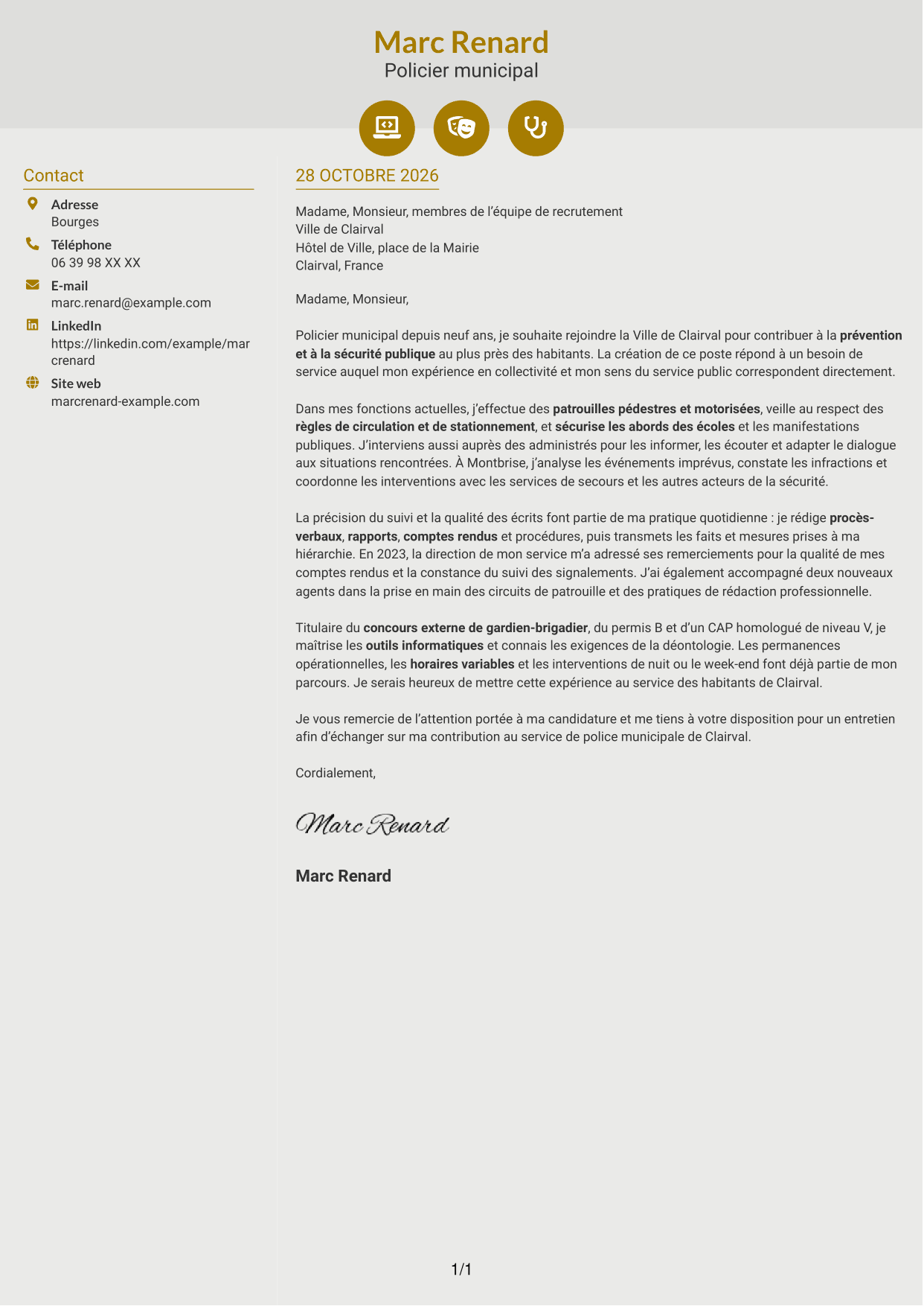 Lettre de motivation Dynamique (format à deux colonnes avec icônes) : Policier municipal - Prévention et sécurité publique, page 1