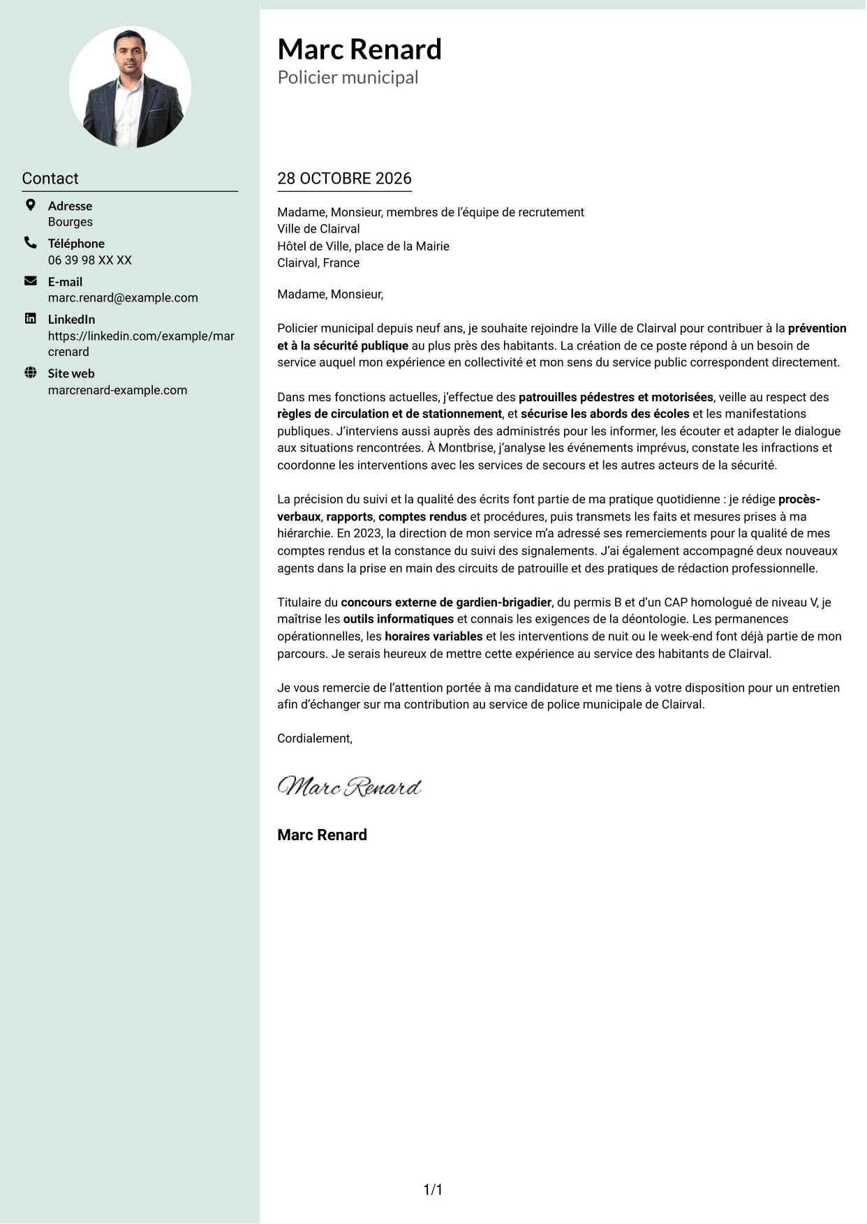 Lettre de motivation Cadre (format à colonne latérale douce avec photo arrondie) : Policier municipal - Prévention et sécurité publique, page 1