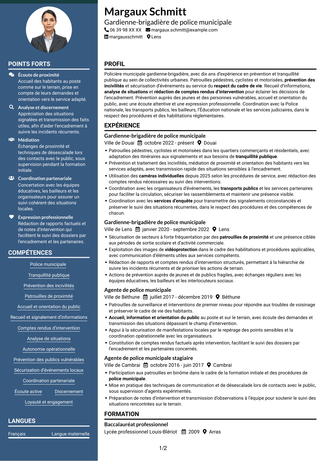 CV Élégant (format à colonne latérale colorée avec photo) : Policier municipal - Prévention et tranquillité publique, page 1