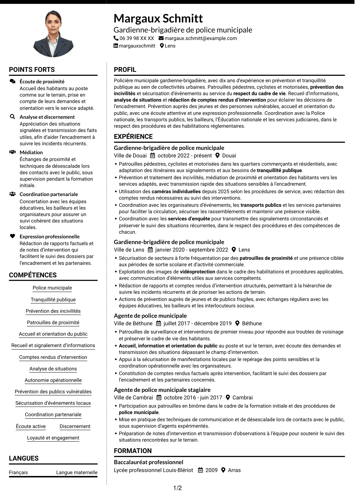 CV Moderne (format à deux colonnes avec photo à gauche et séparateur) : Policier municipal - Prévention et tranquillité publique, page 1