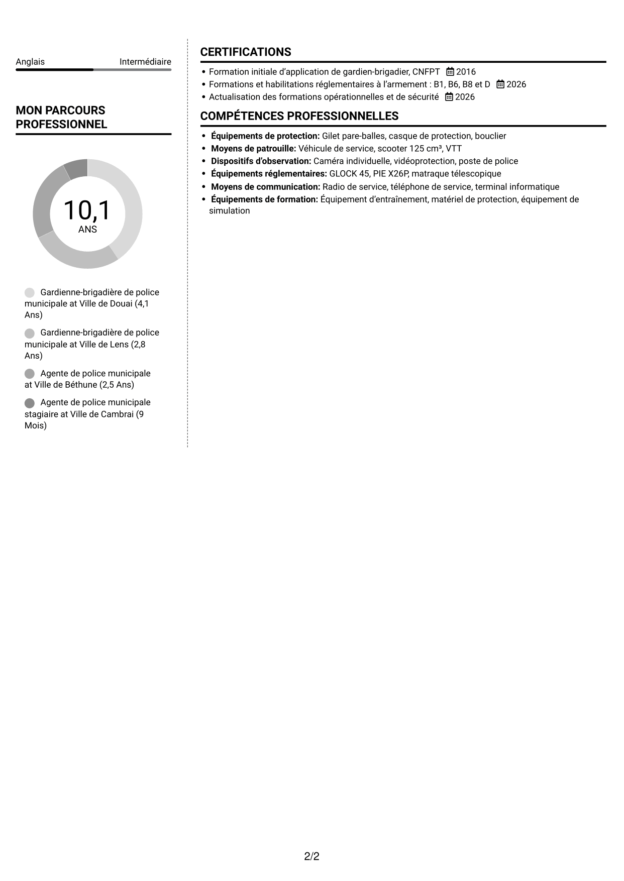 CV Moderne (format à deux colonnes avec photo à gauche et séparateur) : Policier municipal - Prévention et tranquillité publique, page 2