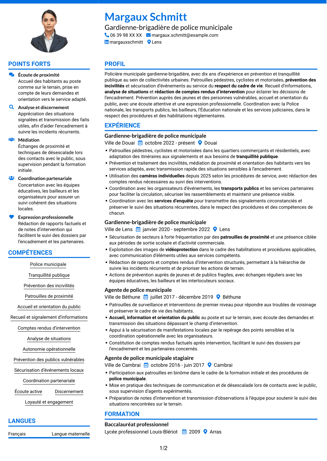 CV Audacieux (format à deux colonnes avec accents colorés et photo) : Policier municipal - Prévention et tranquillité publique, page 1