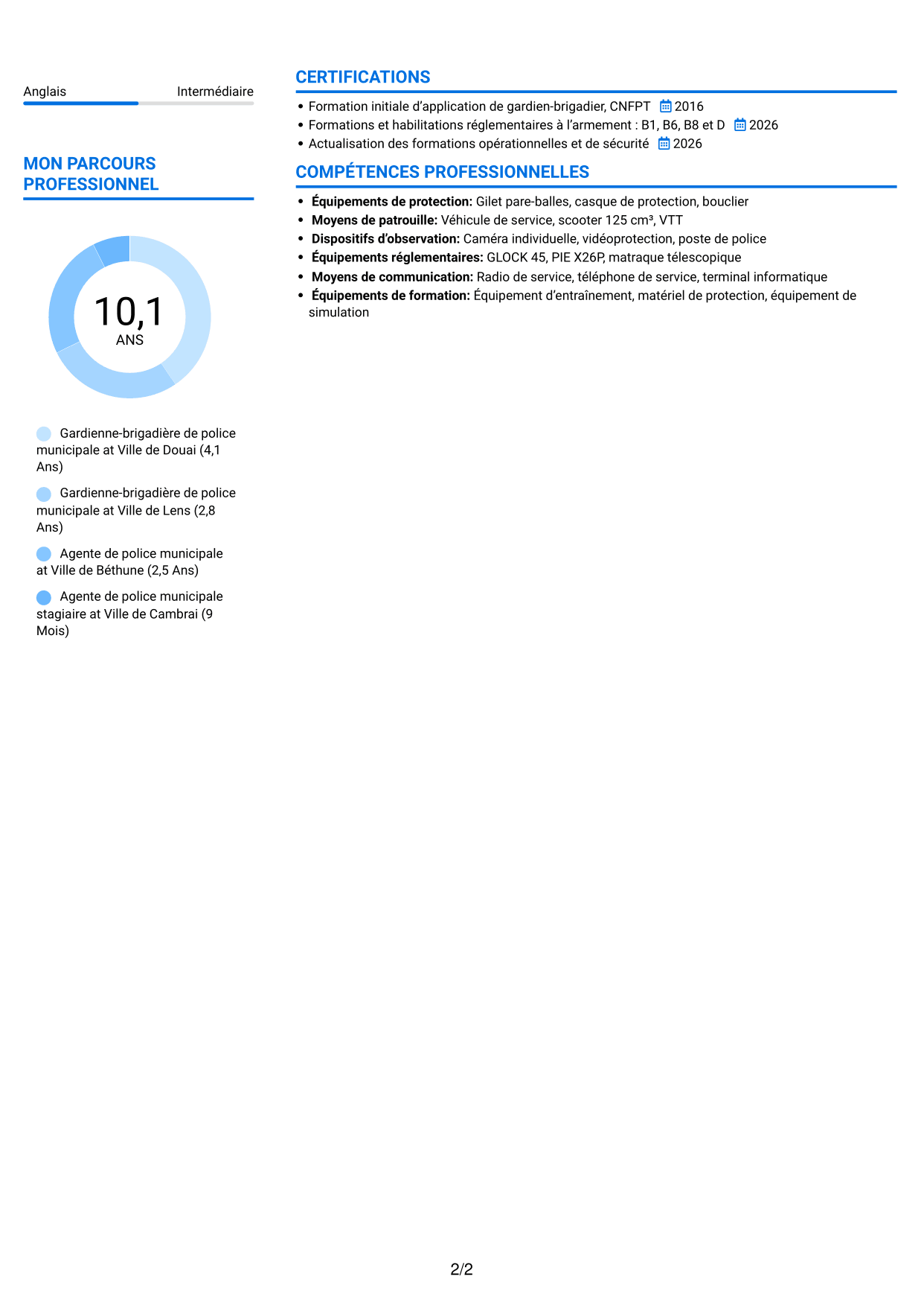 CV Audacieux (format à deux colonnes avec accents colorés et photo) : Policier municipal - Prévention et tranquillité publique, page 2