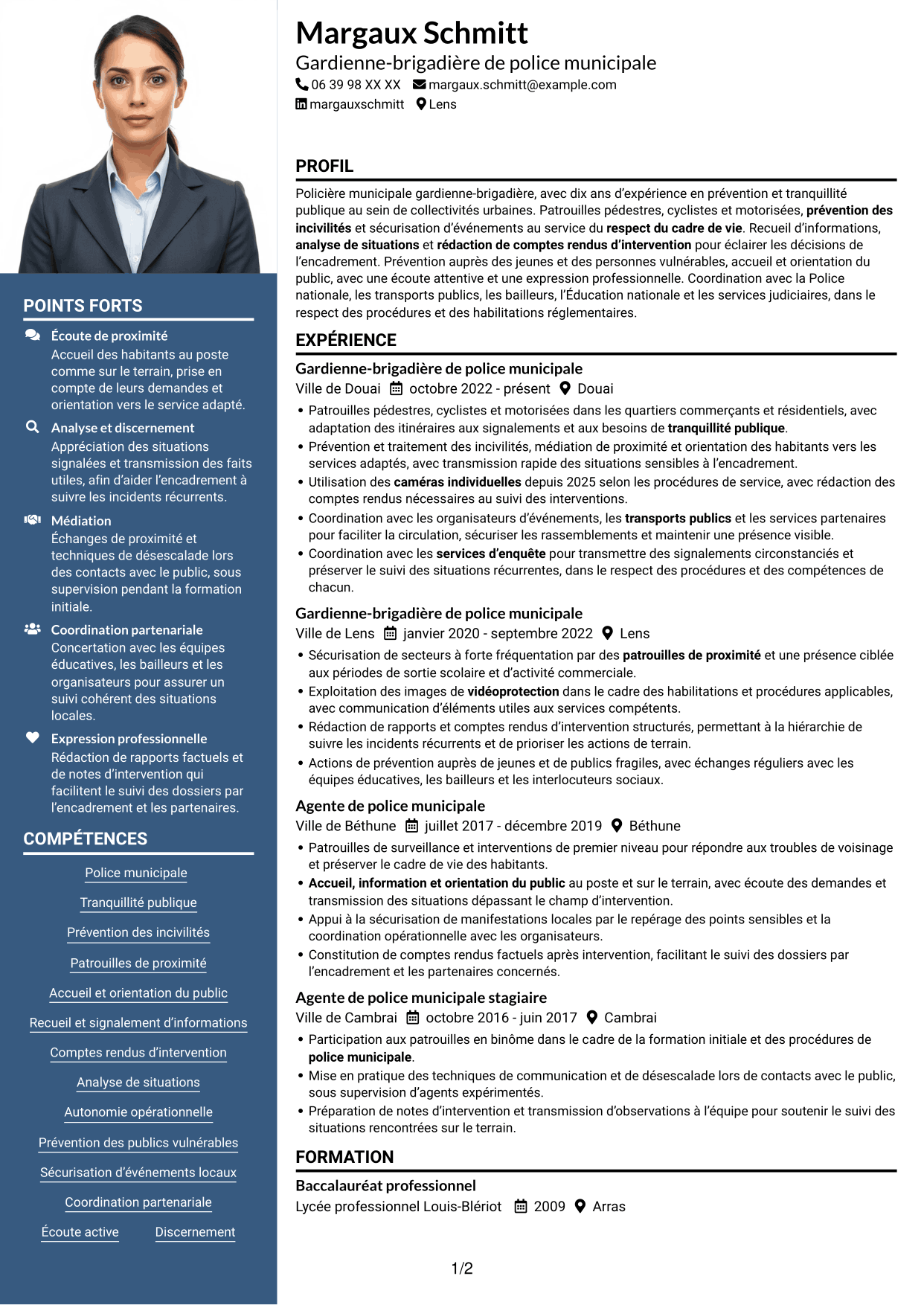 CV Signature (format à colonne latérale colorée avec grande photo) : Policier municipal - Prévention et tranquillité publique, page 1