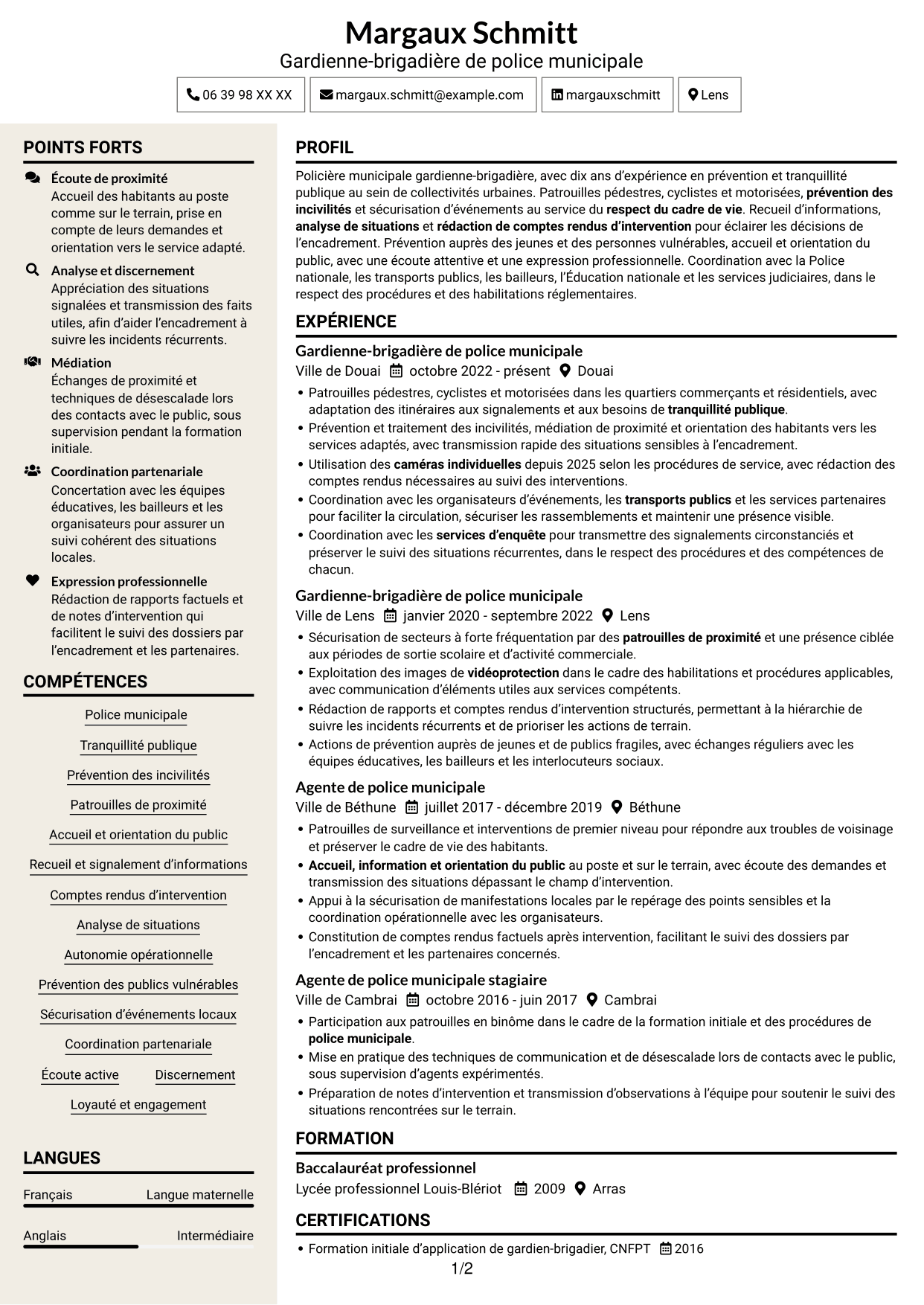 CV Fonceur (format à deux colonnes avec en-tête centré sans photo) : Policier municipal - Prévention et tranquillité publique, page 1
