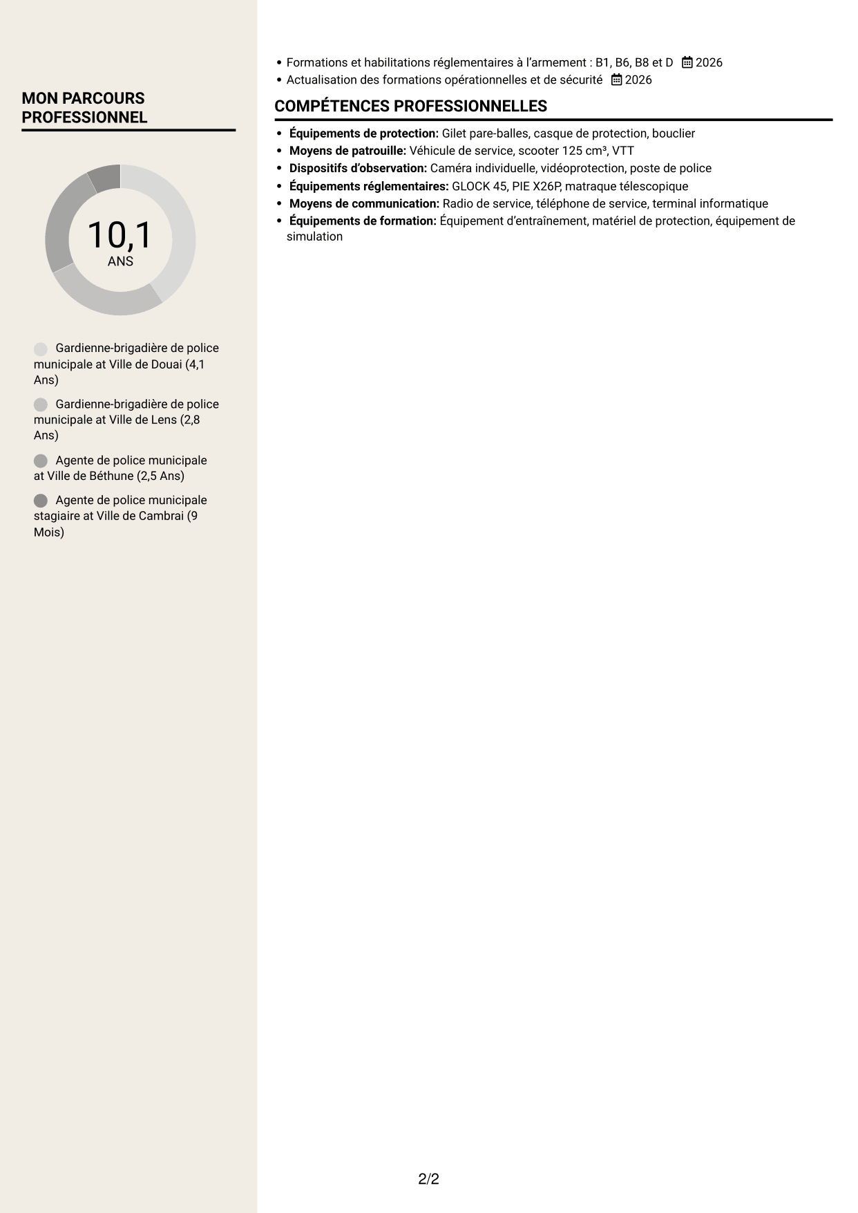 CV Fonceur (format à deux colonnes avec en-tête centré sans photo) : Policier municipal - Prévention et tranquillité publique, page 2