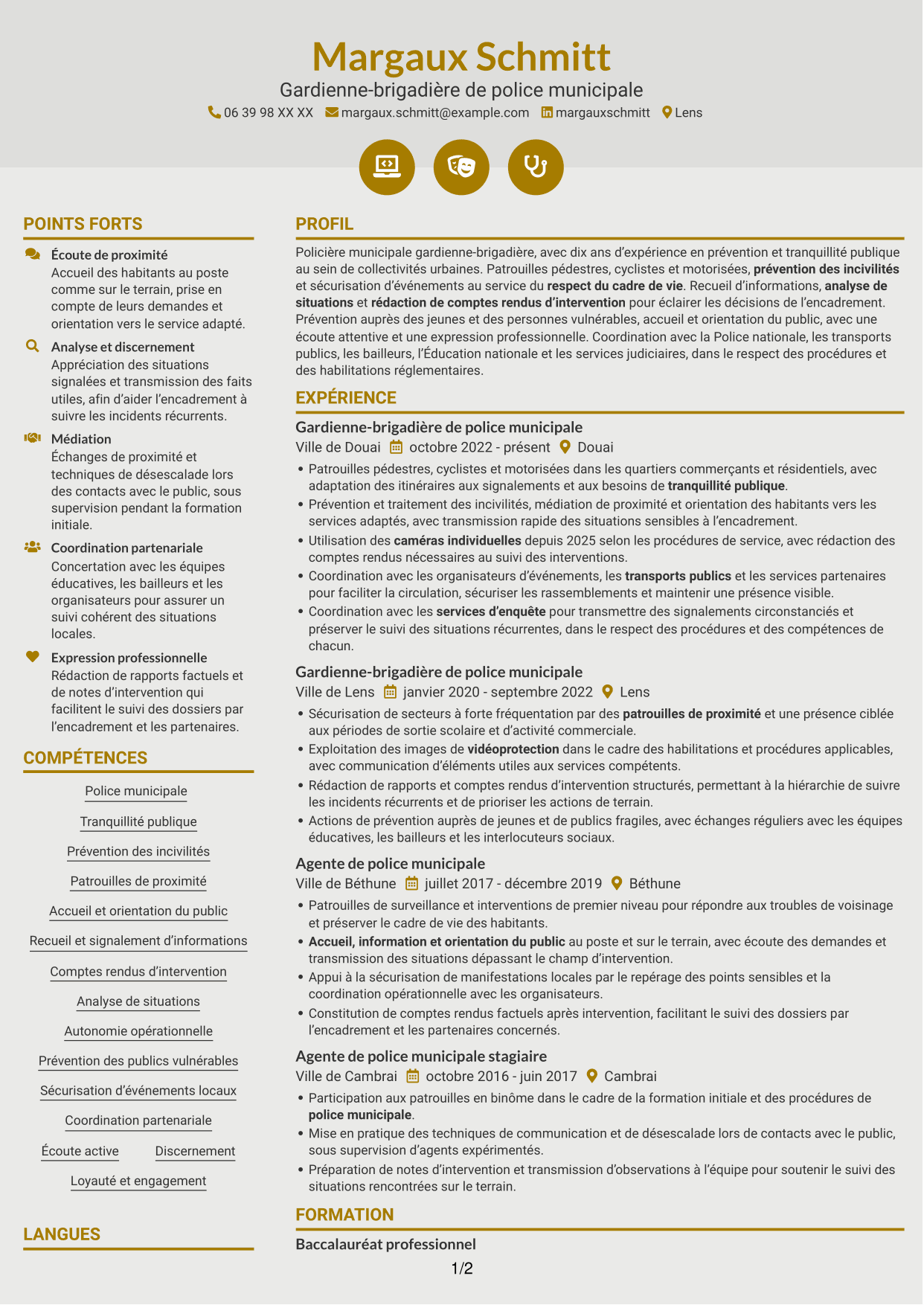 CV Dynamique (format à deux colonnes avec icônes) : Policier municipal - Prévention et tranquillité publique, page 1