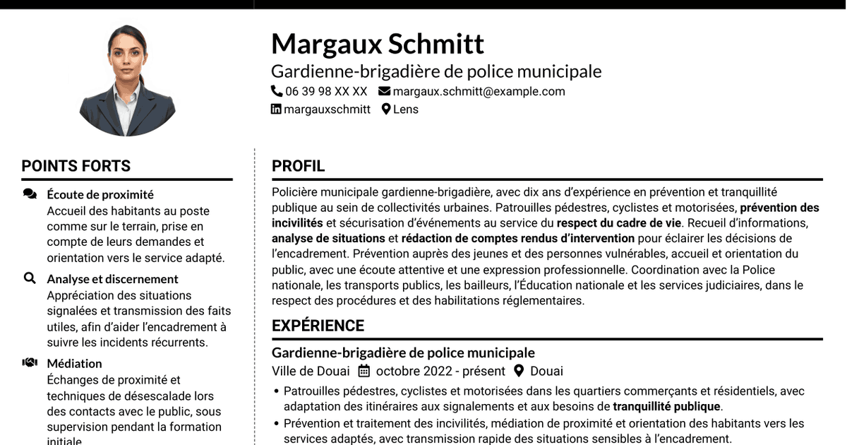 7 modèles de CV pour Policier municipal - Prévention et tranquillité publique, avec exemples