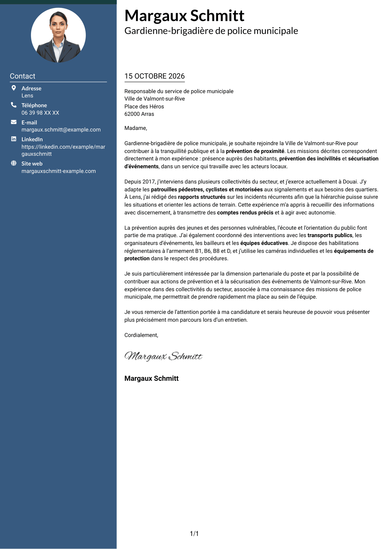 Lettre de motivation Élégant (format à colonne latérale colorée avec photo) : Policier municipal - Prévention et tranquillité publique, page 1