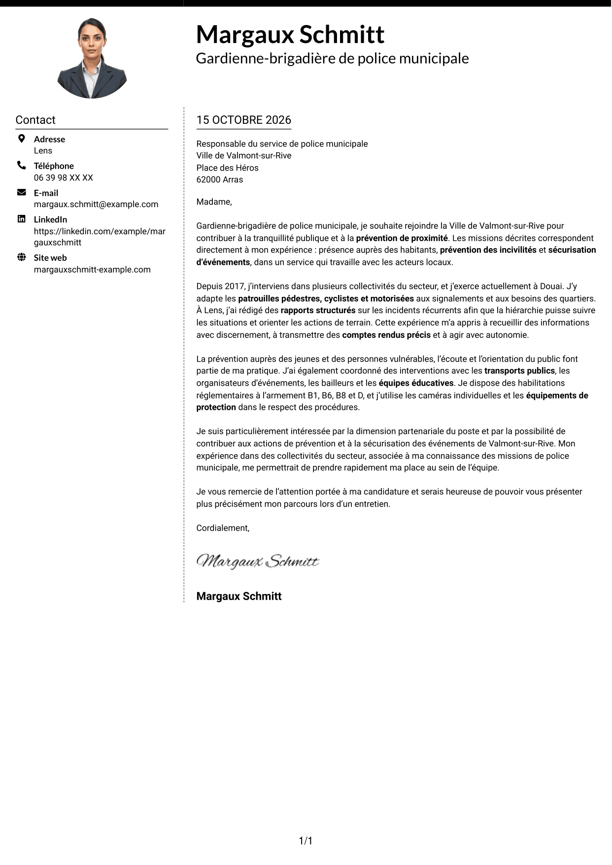 Lettre de motivation Moderne (format à deux colonnes avec photo à gauche et séparateur) : Policier municipal - Prévention et tranquillité publique, page 1