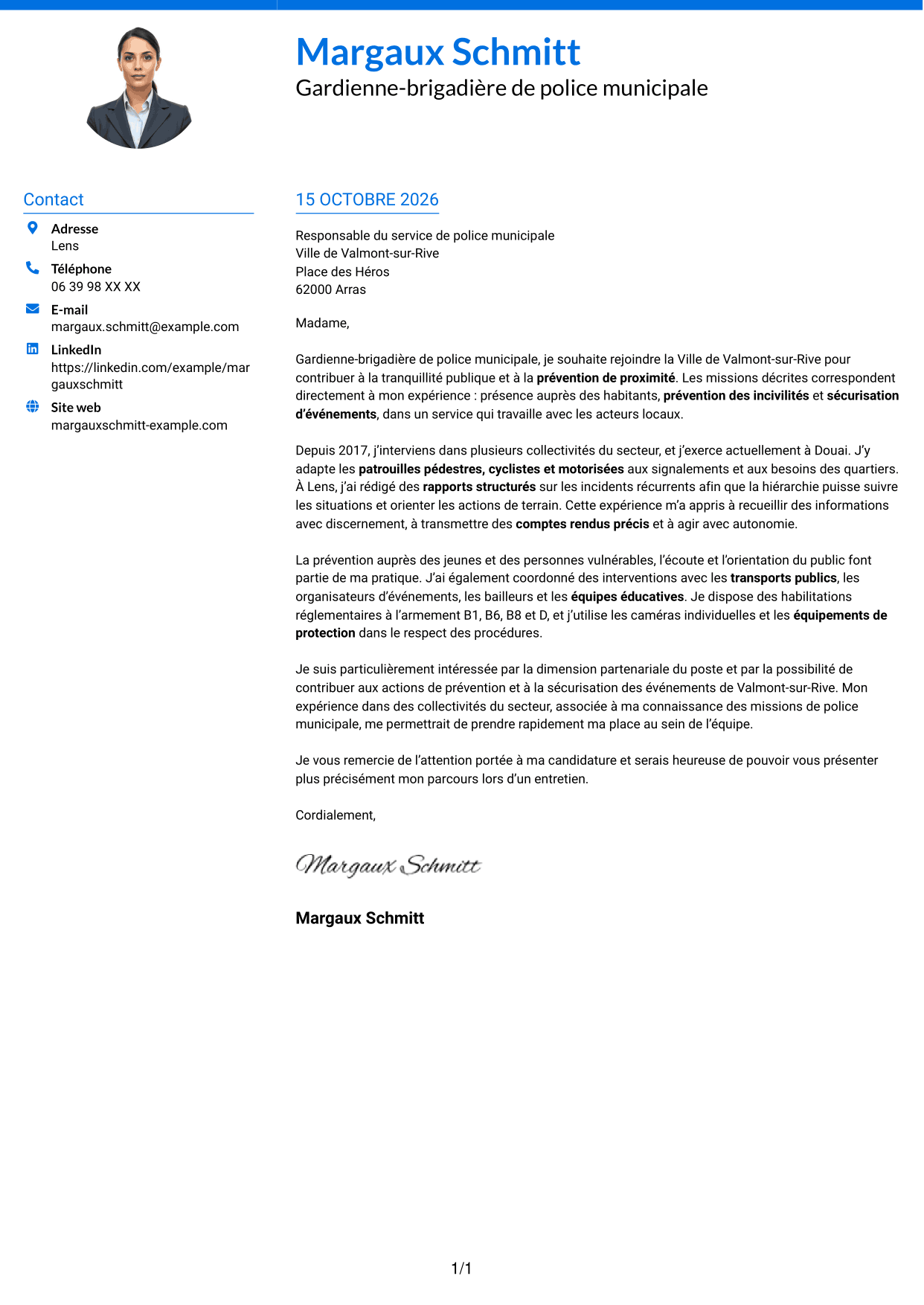 Lettre de motivation Audacieux (format à deux colonnes avec accents colorés et photo) : Policier municipal - Prévention et tranquillité publique, page 1