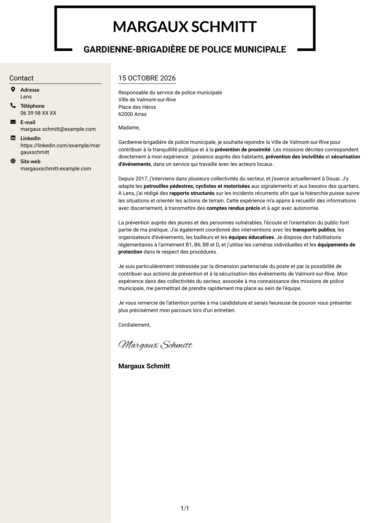 Lettre de motivation Fonceur (format à deux colonnes avec en-tête centré sans photo) : Policier municipal - Prévention et tranquillité publique, page 1
