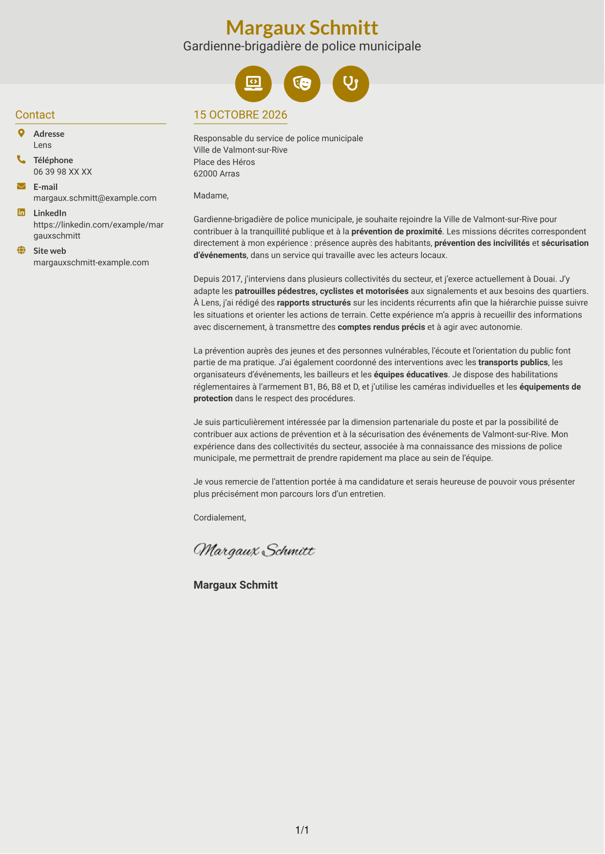Lettre de motivation Dynamique (format à deux colonnes avec icônes) : Policier municipal - Prévention et tranquillité publique, page 1