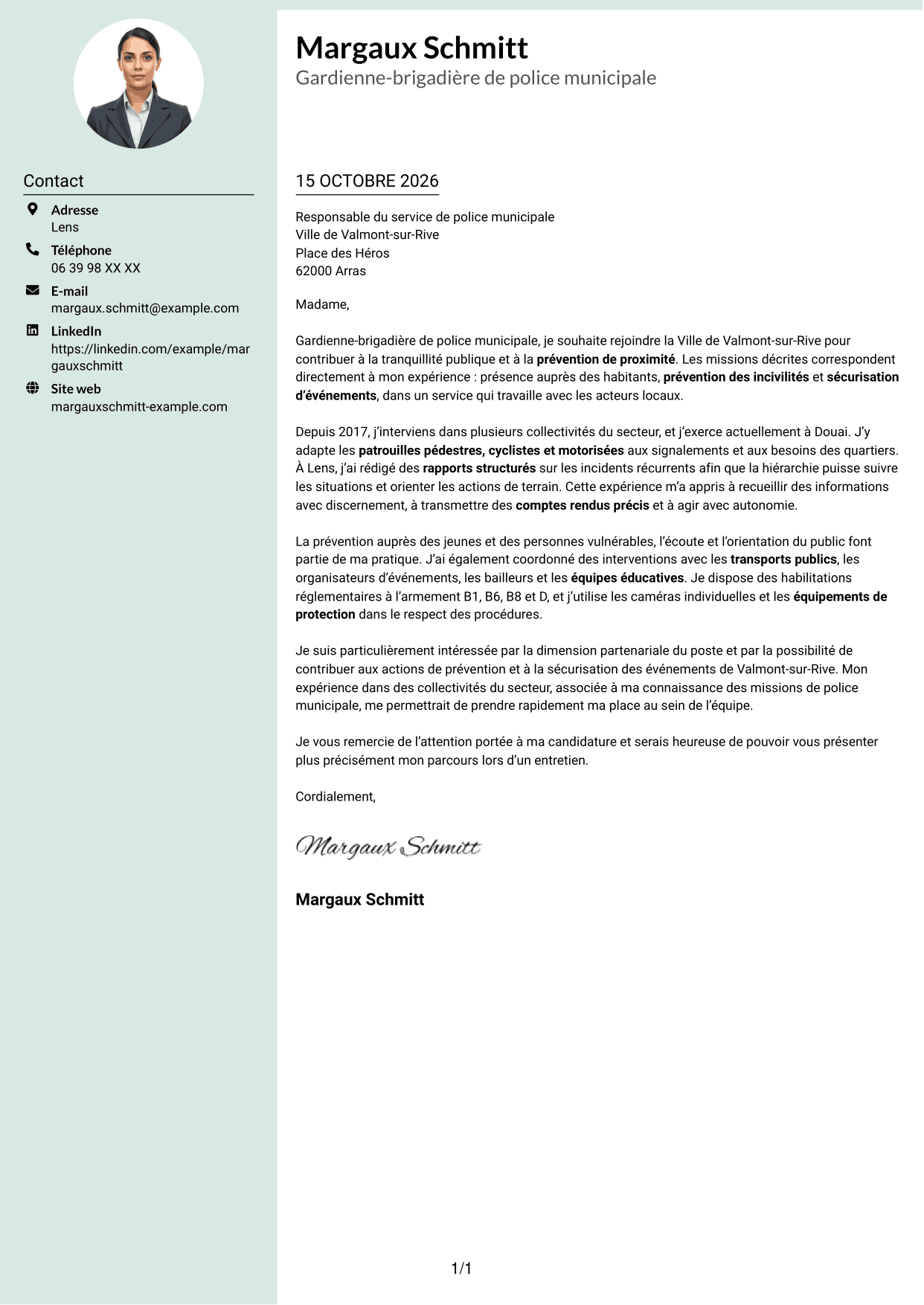 Lettre de motivation Cadre (format à colonne latérale douce avec photo arrondie) : Policier municipal - Prévention et tranquillité publique, page 1
